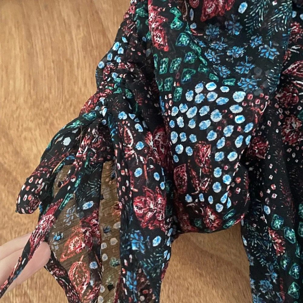 LOFT Floral Sheer Blouse Smocked Ruffle Neck Puff Sleeve Top Small